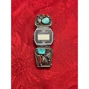 Apachito Navajo Sterling Silver Turquoise & Coral Watch Cuff Bracelet-Timex